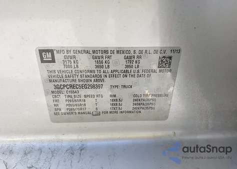 2014 Chevrolet Silverado 1500 1Lt from USA, damaged, VIN 3GCPCREC5EG298397